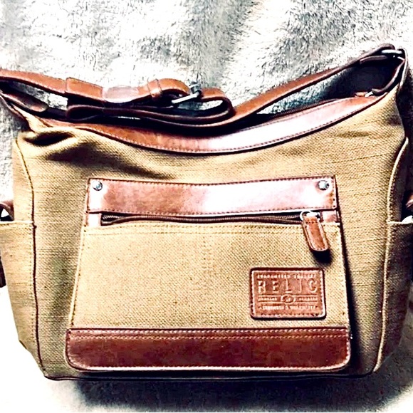 Relic By Fossil Tan Burlap Brown Leather Shoulder Bag Purse Canvas Handbag Tote - Picture 15 of 15